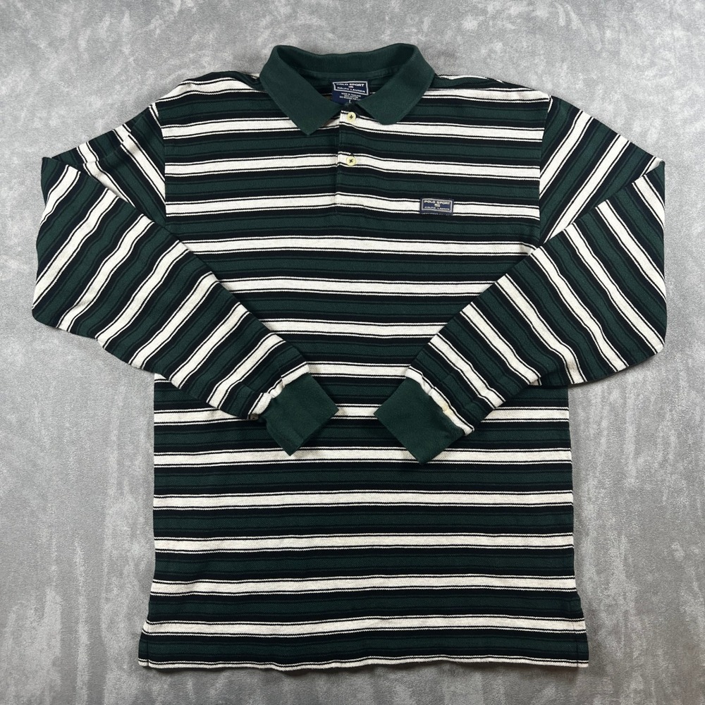 VTG 90s Polo Sport Ralph Lauren Striped Rugby Shirt Green White Long Sleeve L‎
